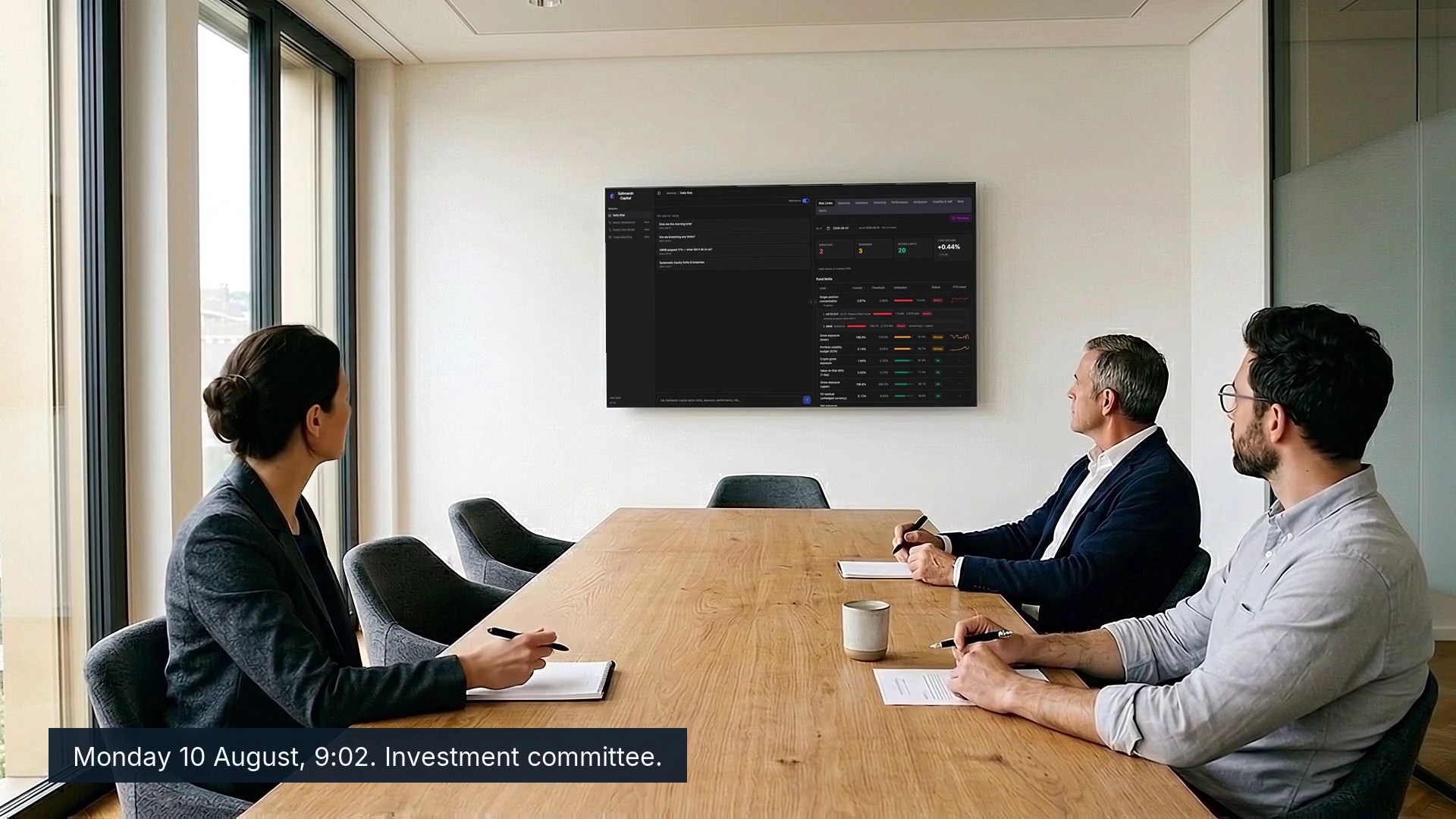 The risk manager in the room: the committee at the table, the wall screen on.