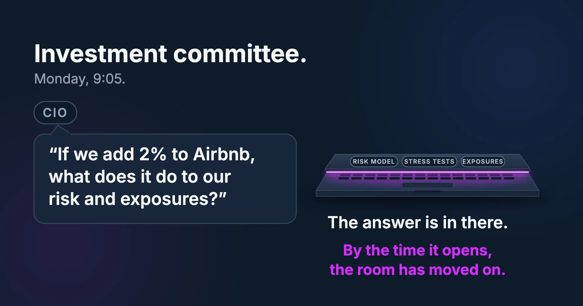 Investment committee, Monday, 9:05. The CIO asks: "If we add 2% to Airbnb, what does it do to our risk and exposures?" The answer is in the closed laptop on the table, with the risk model, stress tests and exposures. By the time it opens, the room has moved on.